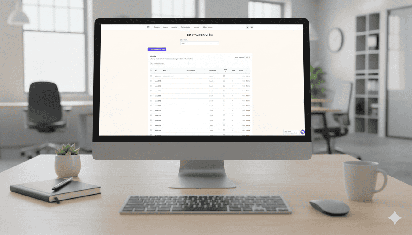 Xcan It dashboard showing Custom Codes table and editor