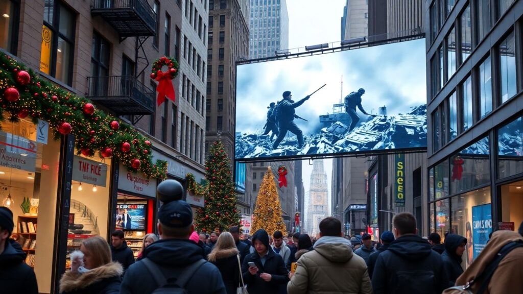 NYC holiday shoppers see Gaza images on screens.