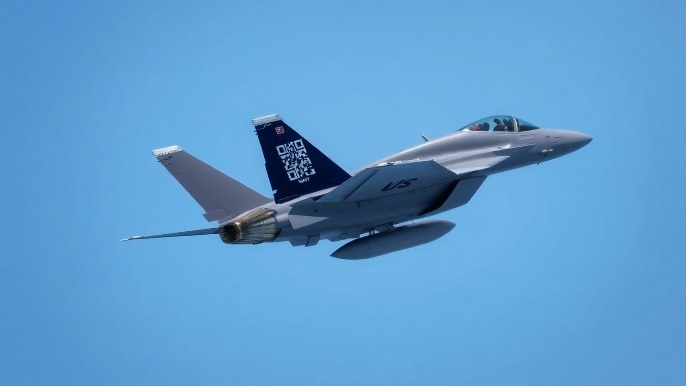 Navy jet with QR code on tail flying in sky.