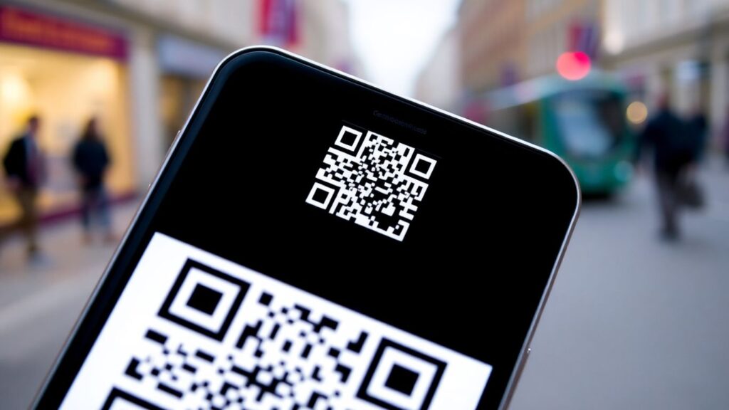 Smartphone scanning a QR code in a UK city.