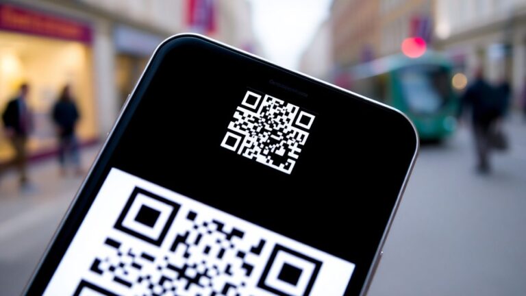 Smartphone scanning a QR code in a UK city.