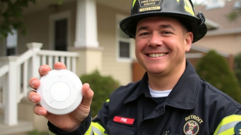 Firefighter distributing smoke alarms for home safety.