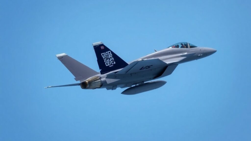 Navy jet with QR code on tail flying in sky.