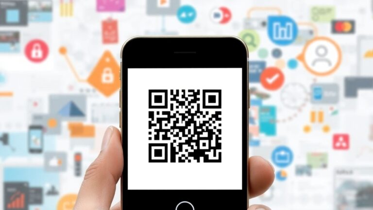Smartphone scanning a QR code, connecting to information.