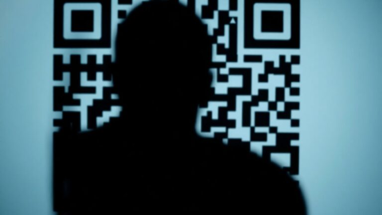 QR code with a shadowy figure overlaid, privacy concerns.