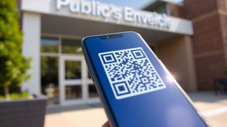 Smartphone scanning a QR code at a public building.