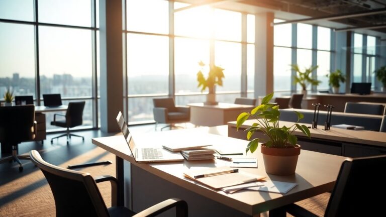 Modern office with sunlight and a laptop.