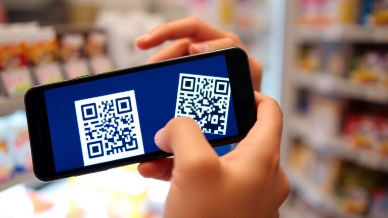 Smartphone scanning QR code on product