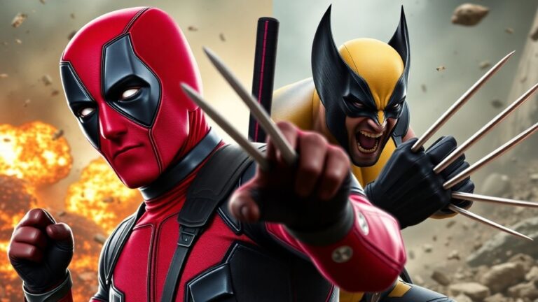 Deadpool and Wolverine in action with explosions.