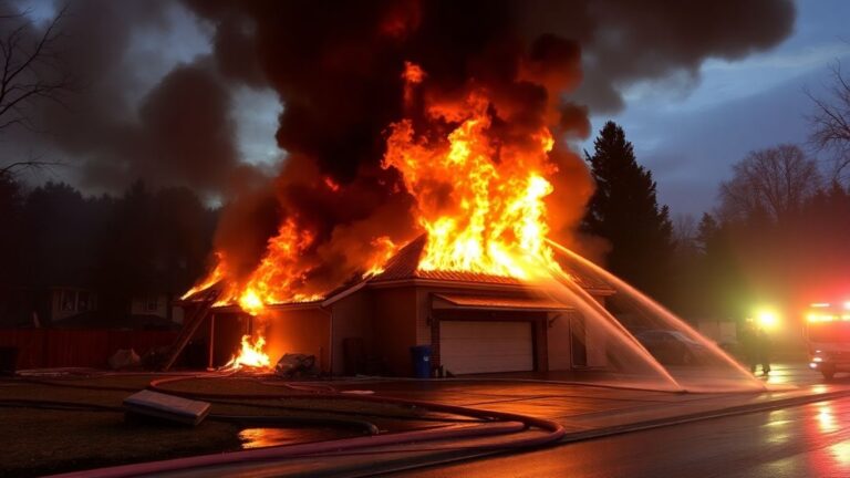 Firefighters battle a large garage fire with flames and smoke.