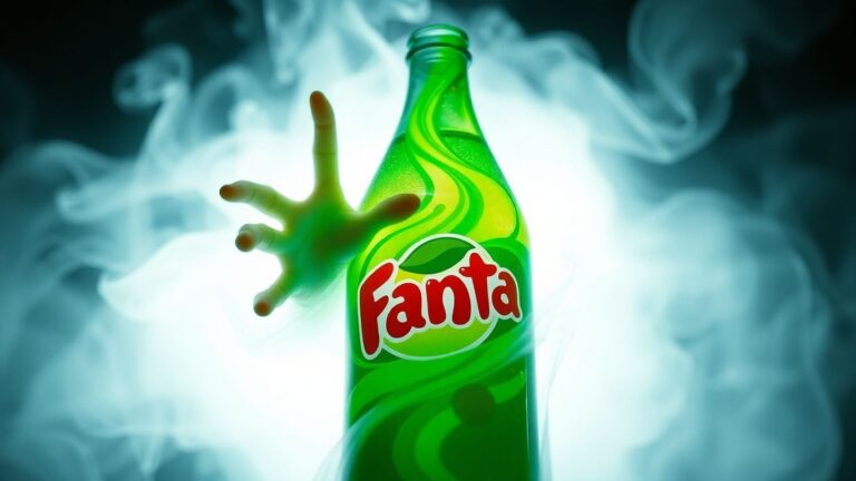 Fanta bottle with spooky green liquid and ghostly mist.