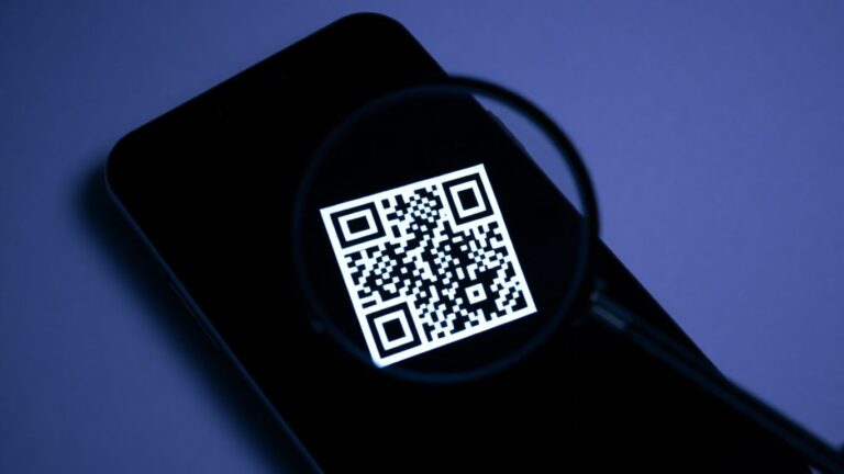 Smartphone scanning a QR code with a digital threat.