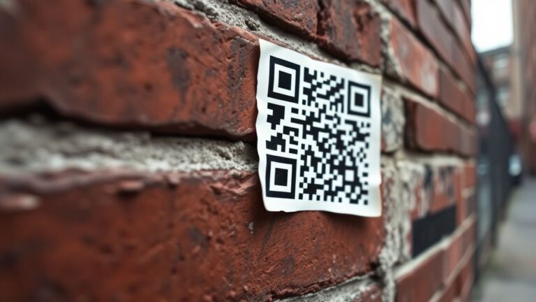 QR code sticker on a brick wall.