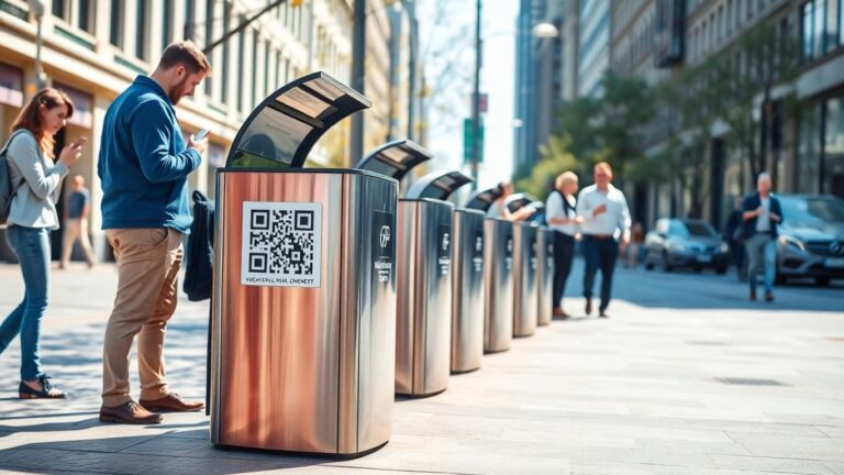 City QR code on trash bin with people using phones.