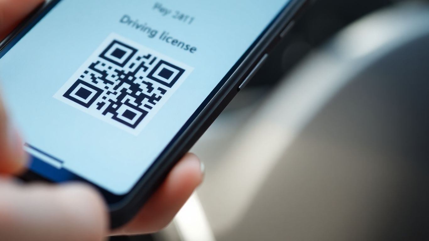 Smartphone showing digital driving licence with QR code.