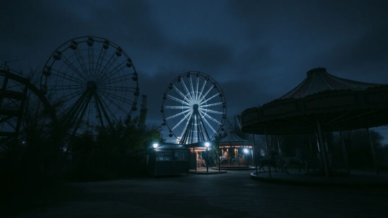 Abandoned amusement park with Ferris wheel and overgrown rides.