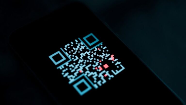 Smartphone scanning a corrupted QR code with a red glow.