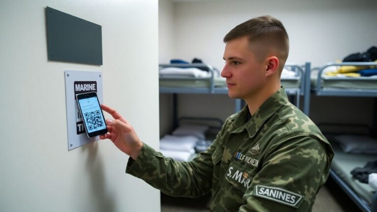 Marine scanning QR code in barracks room.