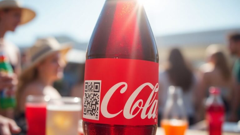 Coca-Cola bottle with QR code and summer background.
