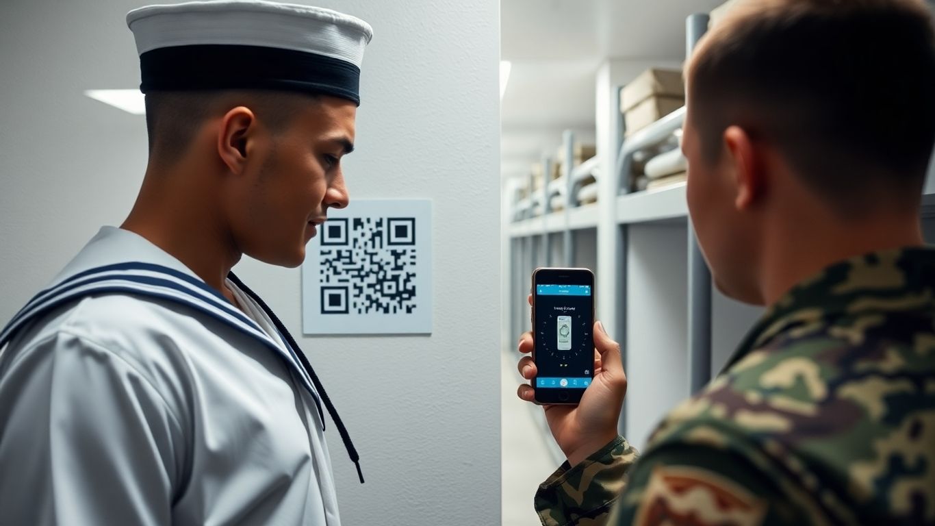 Sailor scans QR code in barracks.