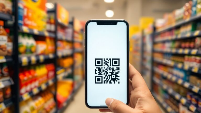 Smartphone scanning a QR code in a grocery store.