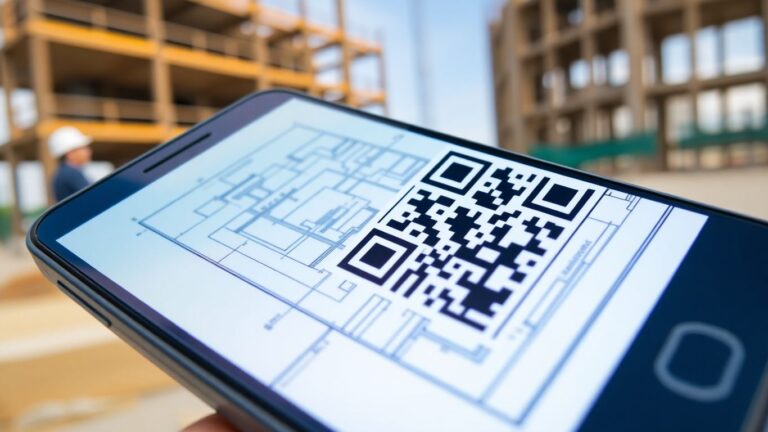 Smartphone scanning QR code on construction blueprint