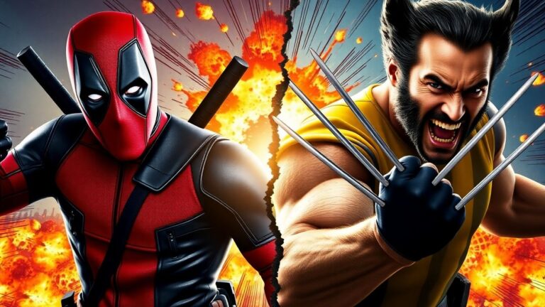 Deadpool and Wolverine movie poster with action elements.