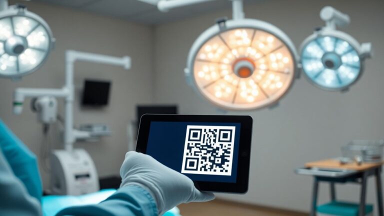 Surgeon scans QR code on medical equipment in operating room.