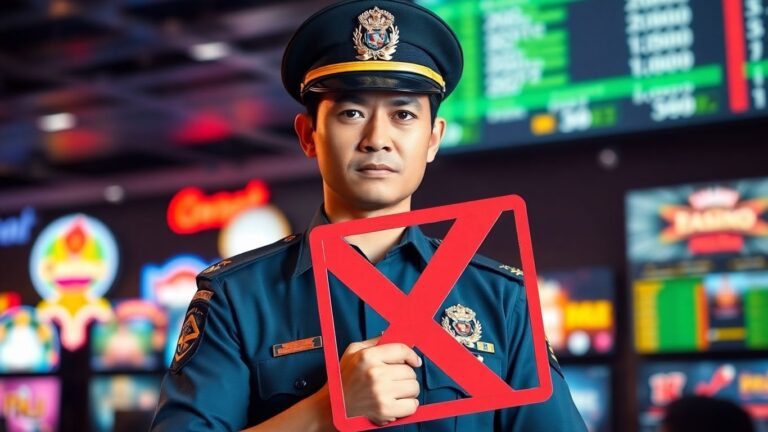 Police officer stamping out illegal gambling ads.