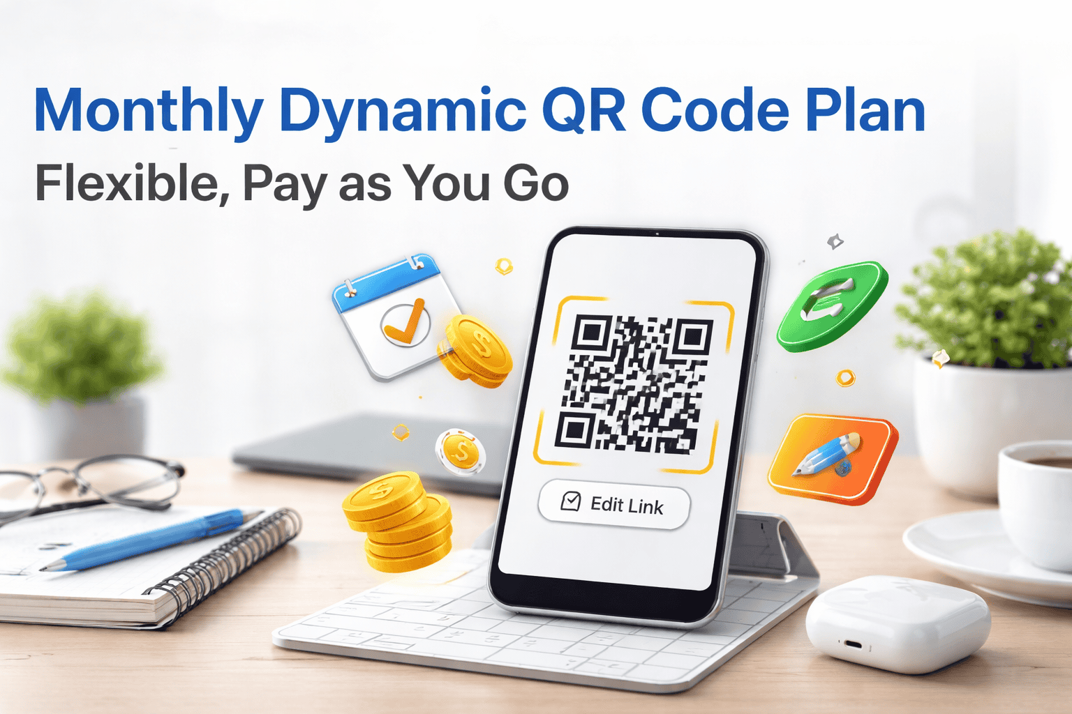 Monthly Dynamic QR Code Plan showing a smartphone with an editable QR code and flexible pay-as-you-go pricing concept