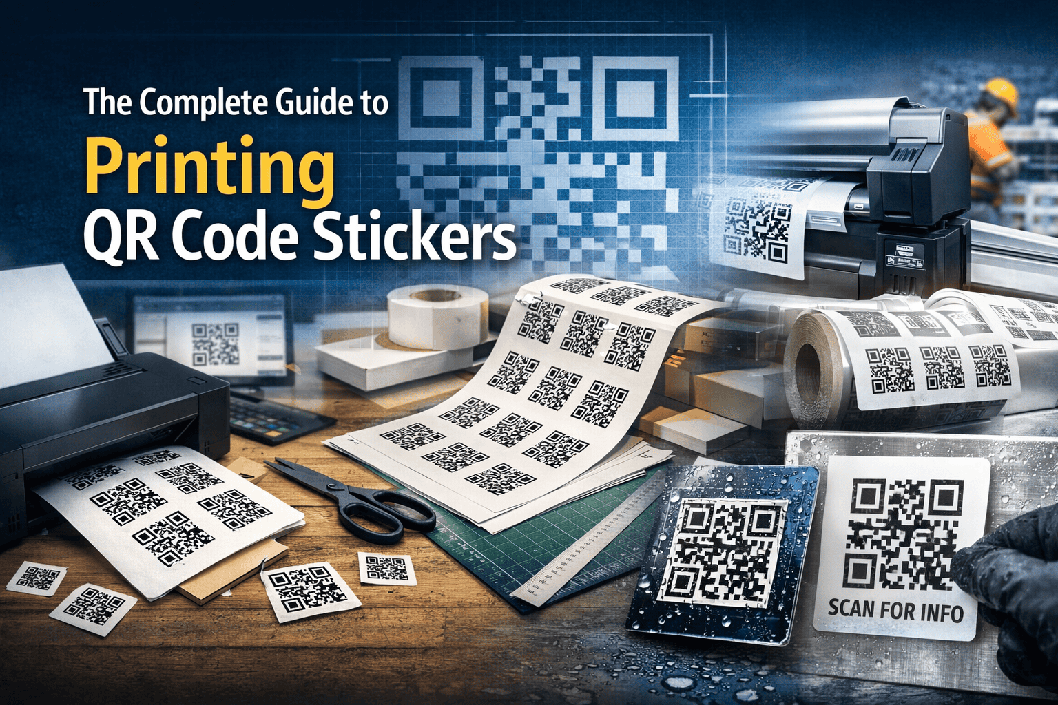 Hero image showing QR code stickers being printed on a home printer, label sheets, and professional vinyl printing equipment