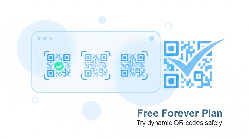 Illustration showing the Xcan It Free Forever QR Code plan with a simple dashboard and reusable QR codes, designed for safe testing before printing.