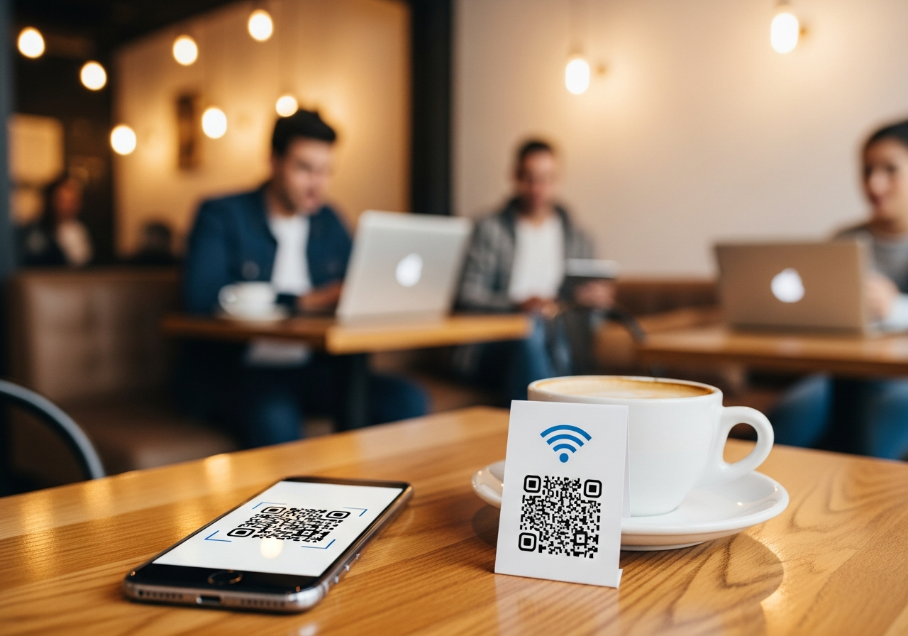 scanning wifi QR code in cafe