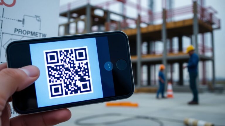 Smartphone scanning QR code on construction blueprint.