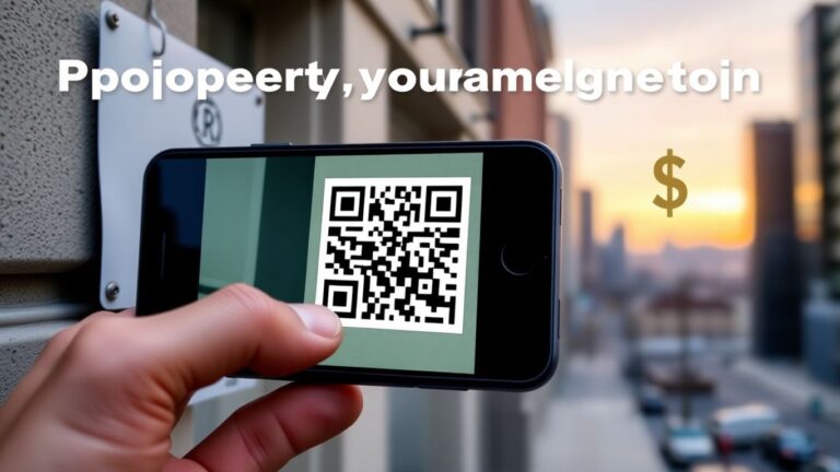 Smartphone scanning QR code on building, fines implied.