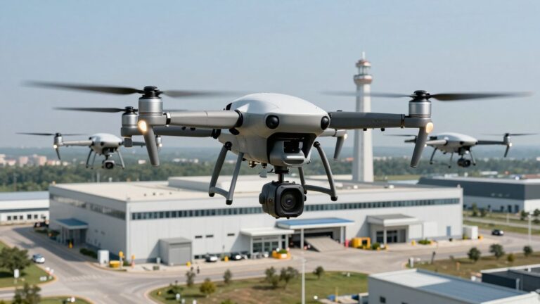 Drones in flight with asset tracking technology.