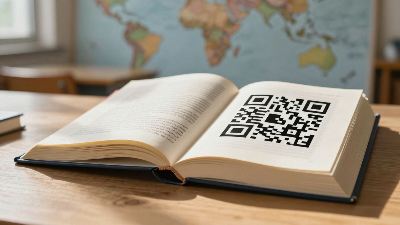 Textbook with QR code, global learning.