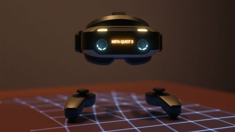 Meta Quest 3 headset and controllers interacting with digital grid.