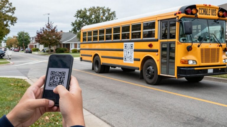 School bus with QR code and student's phone