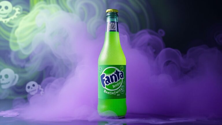 Fanta Beetlejuice Beetlejuice bottle with Halloween mist and QR code.