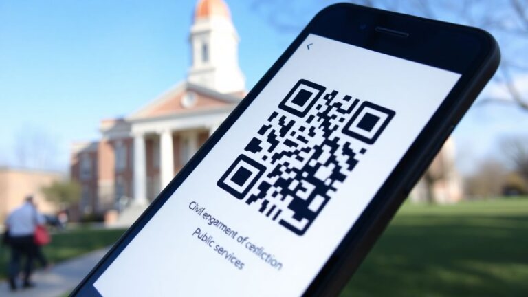 Smartphone scanning a QR code near a government building.