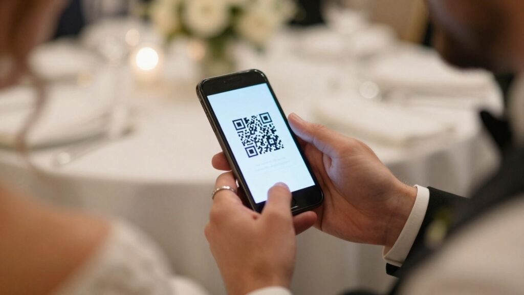 Wedding QR code on a smartphone screen.