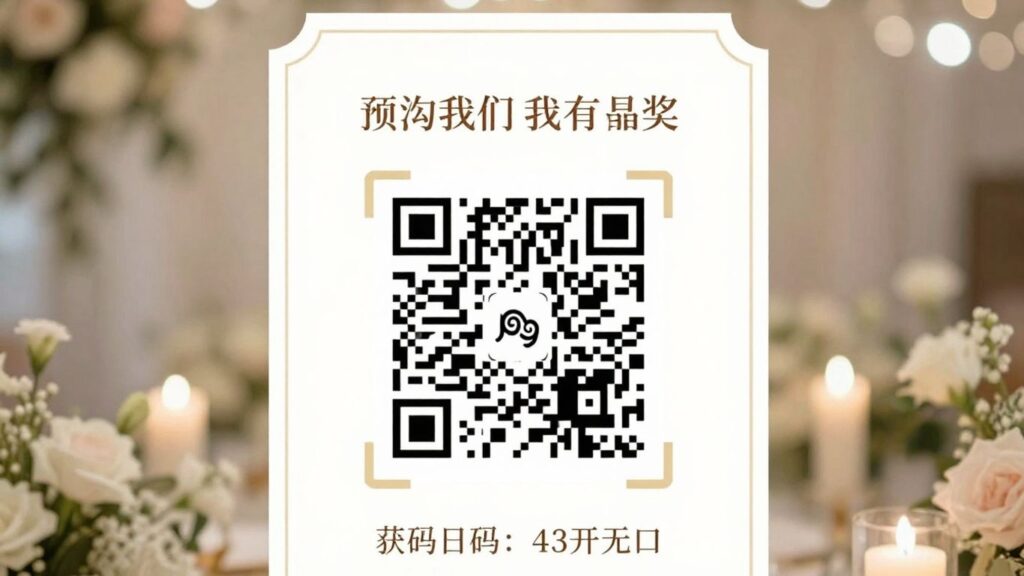 Wedding invitation with QR code and floral decorations.