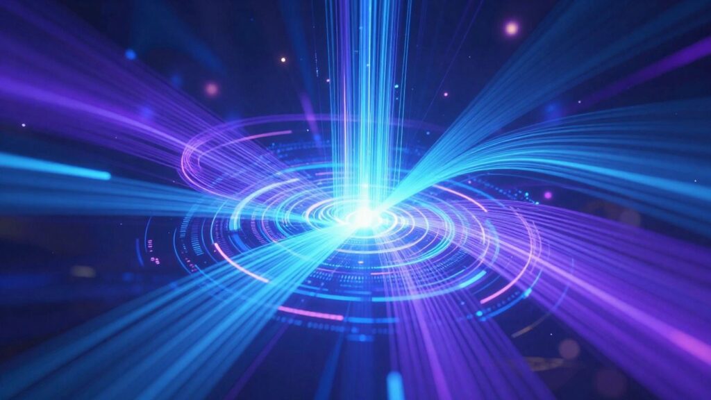 Futuristic data streams flowing into a central hub.