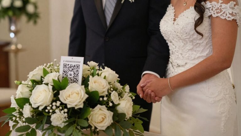 Wedding couple and integrated QR code in floral display.