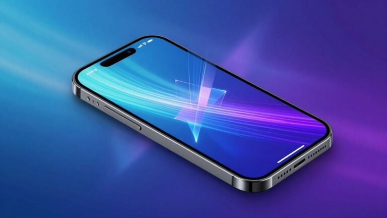 Smartphone displaying a futuristic digital interface with light streaks.