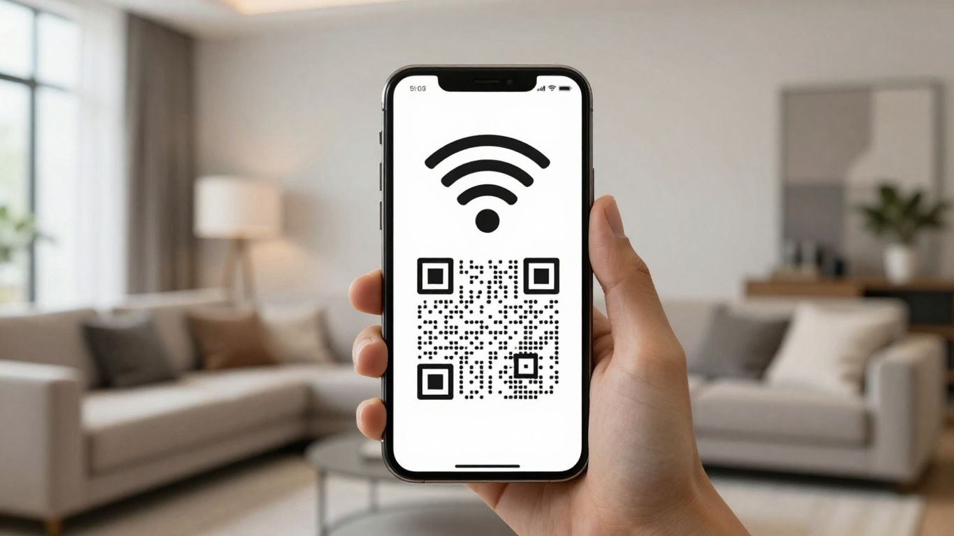 Smartphone showing WiFi QR code in UK home
