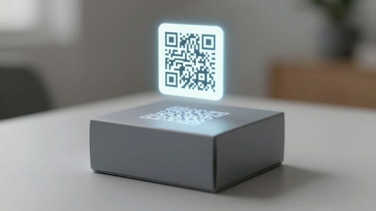 Product packaging with a glowing QR code above it.