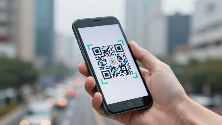 Smartphone scanning a QR code, cityscape background.