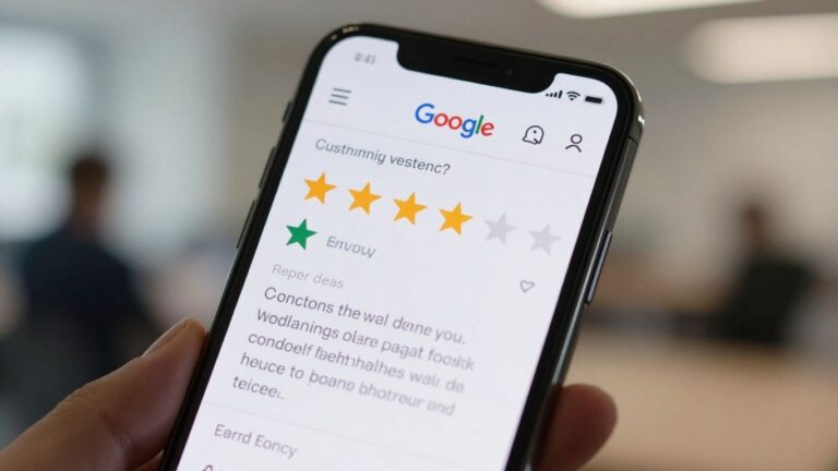 Smartphone displaying Google review page for customer feedback.